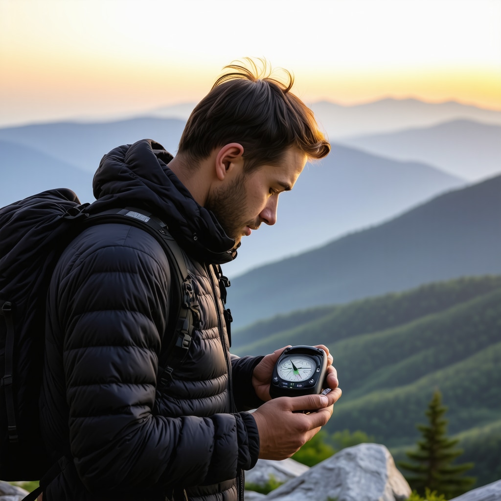 Advanced Navigation Techniques on Stara Planina Hiker using GPS device and compass on Stara Planina trail with panoramic mountain scenery