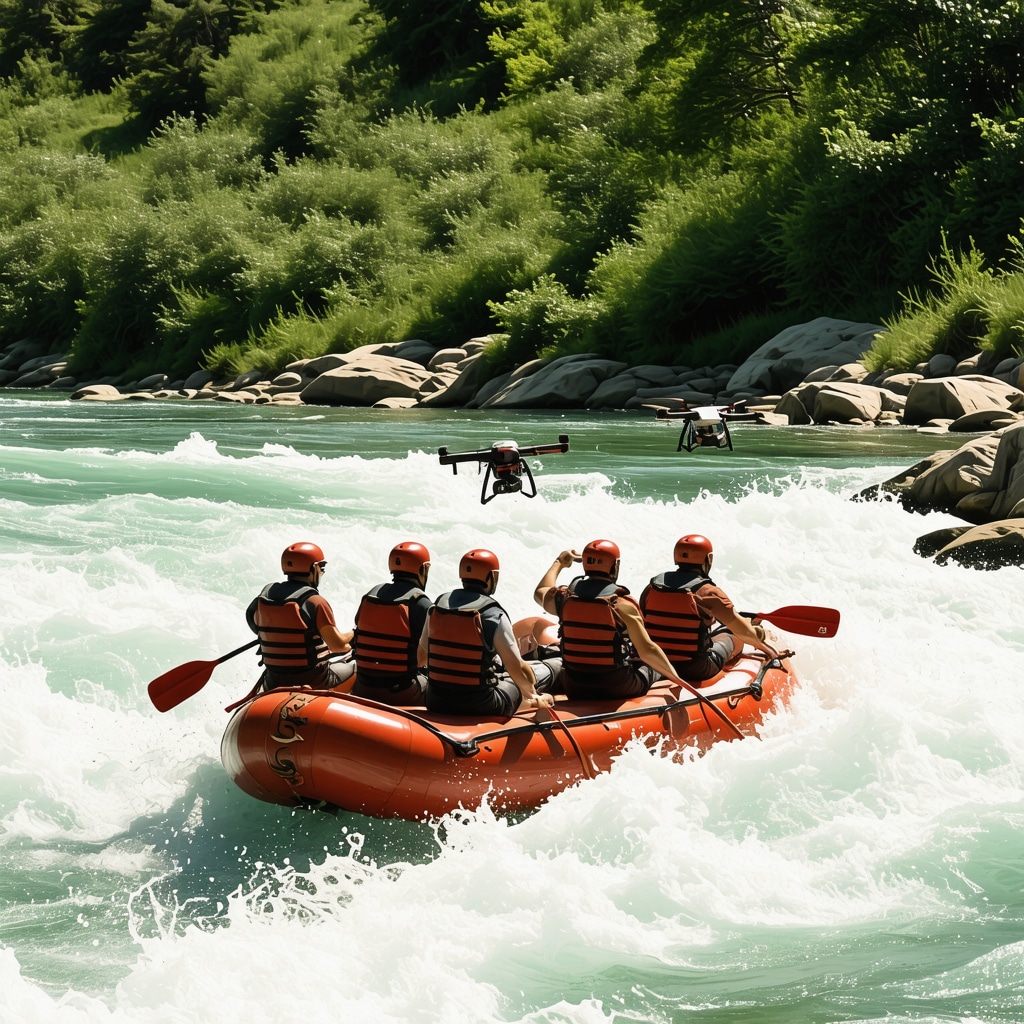 Rafting team on Serbian river using advanced safety equipment and drone monitoring