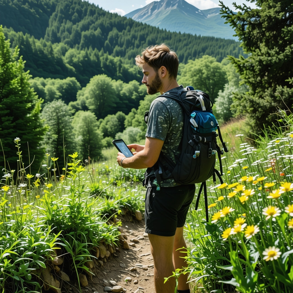 Hiker with GPS and biometric devices on Rudnik mountain trail surrounded by nature
