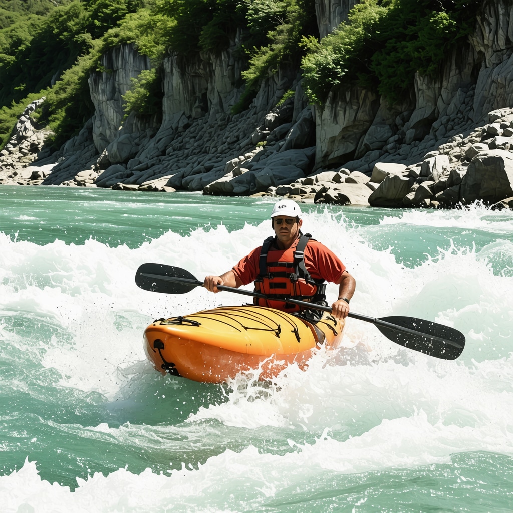Kayaker equipped with GPS and safety gear on Drina river rapids with local guide communication