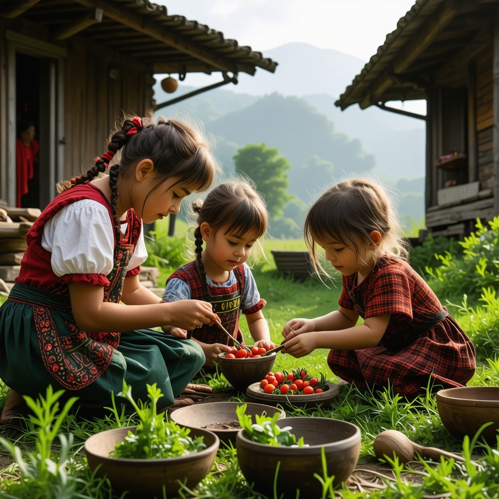 Children participating in traditional crafts workshops in a Serbian ethno village surrounded by nature and rustic houses