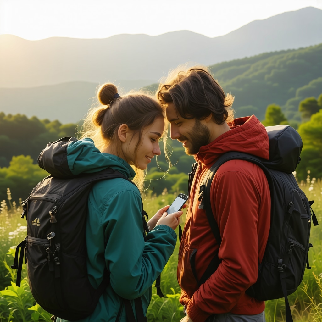 Romantic couple navigating hiking trail in Serbian mountains with smartphone app