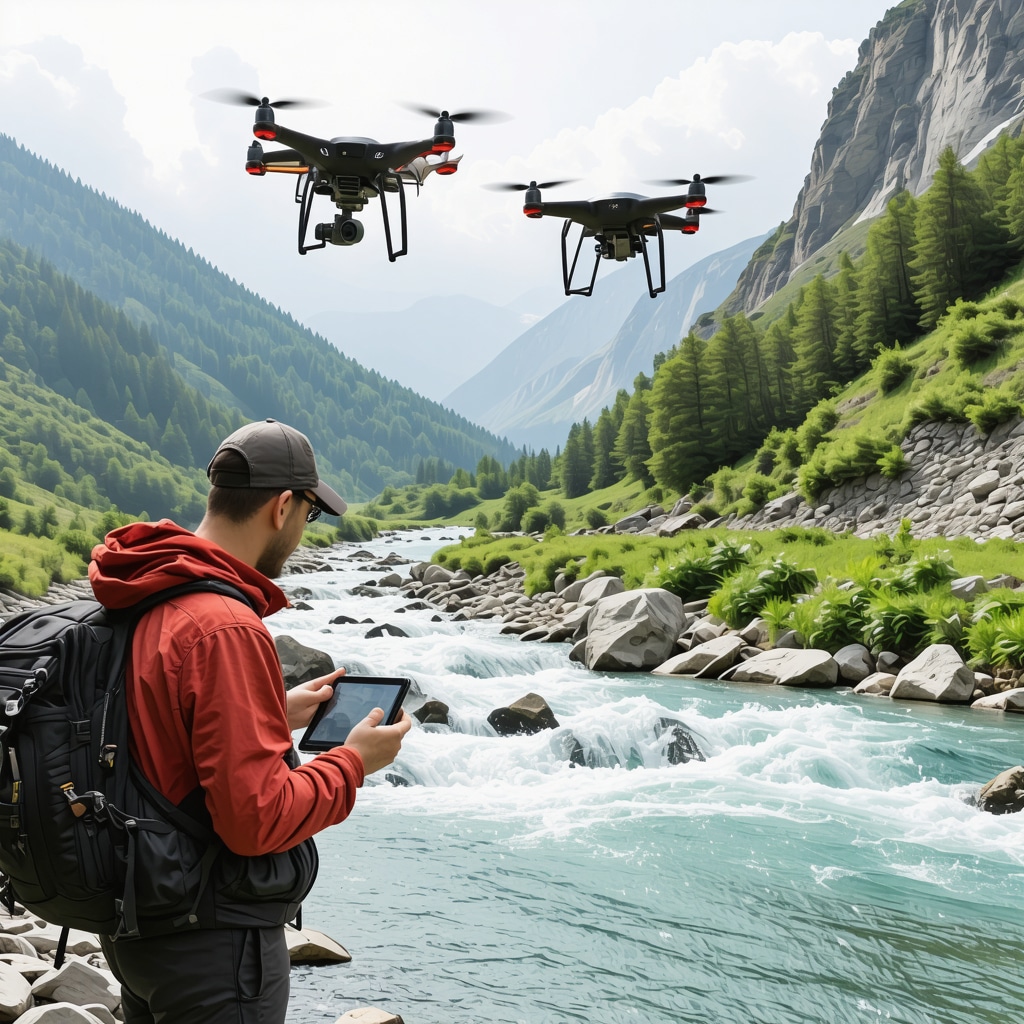 Drones and researchers using GPS for ecological monitoring in mountainous Soča Valley