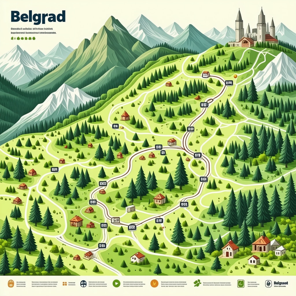Digital map displaying eco-friendly marked hiking trails and cultural points near Belgrade
