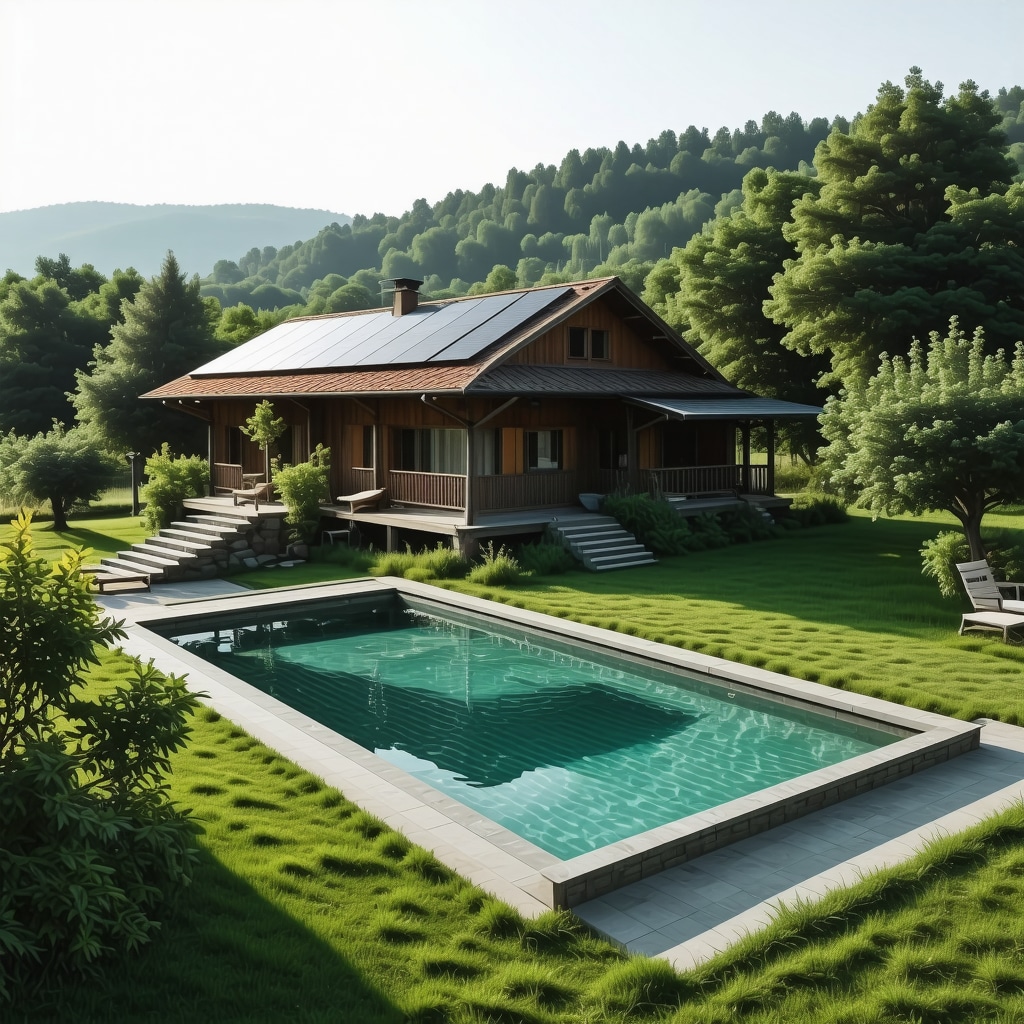 Eco-friendly rural estate with modern swimming pool and solar panels Traditional Serbian rural home with sustainable swimming pool and solar panels in lush greenery