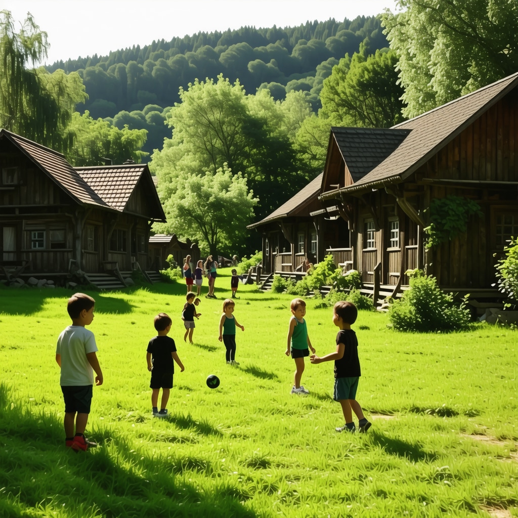 Children participating in eco-friendly educational activities in a Serbian ethno village with rustic cottages and greenery