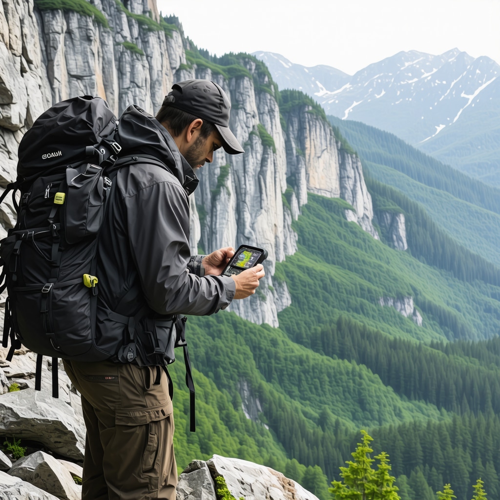 Hiker using compass and GPS on rocky trail with cliffs and forest in Ovčar-Kablar