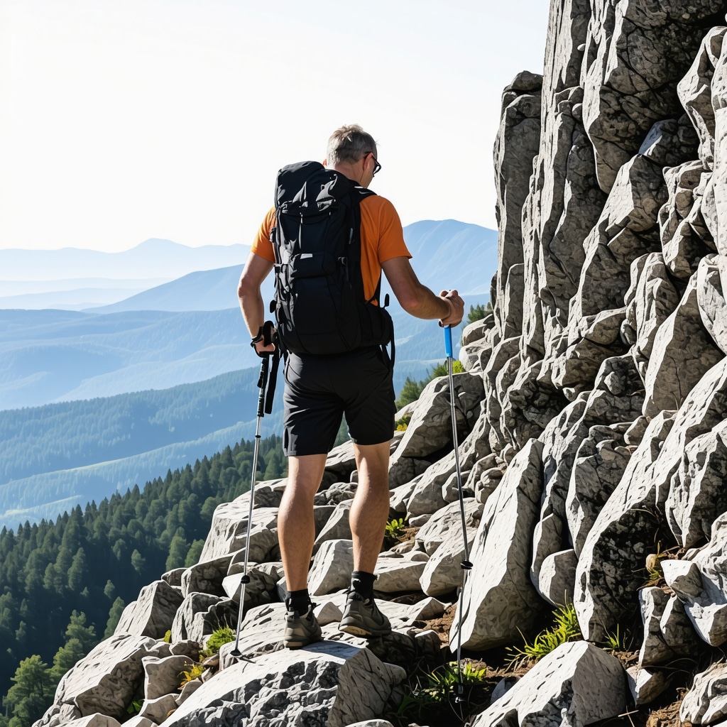 Experienced hiker navigating rocky terrain on Suva Planina Hiker with trekking poles on rocky trail with panoramic mountain views on Suva Planina