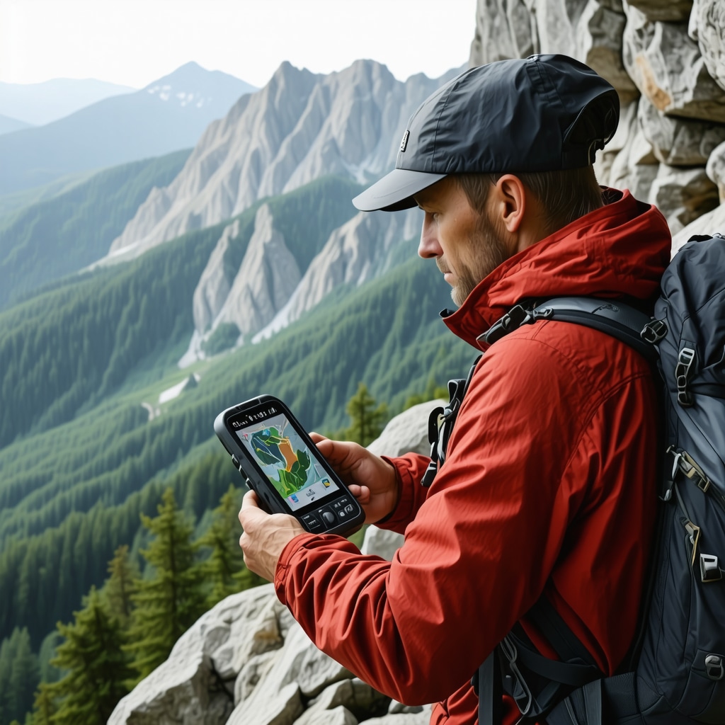Hiker with GPS device on rugged mountainous trail in Serbia