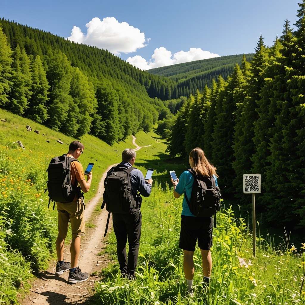 Hikers navigating Eastern Serbia trails with smart devices and QR codes amid lush forest