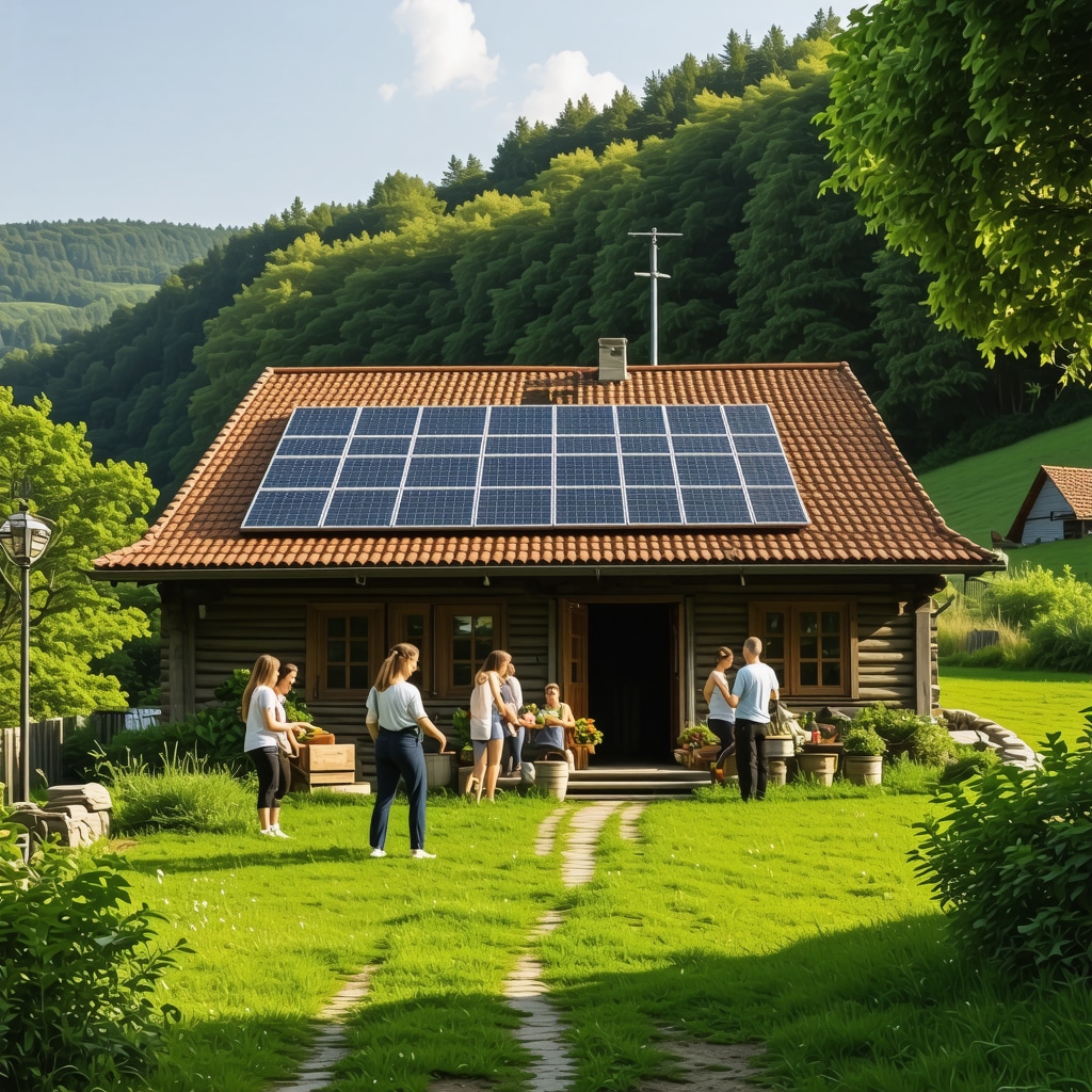 Serbian rural homestead with solar panels and tourists participating in local crafts, illustrating sustainable tourism