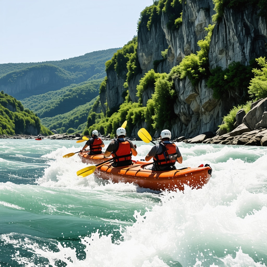 Iskusni kajakaši voze kajake kroz brze brzake reke Drine okružene zelenim liticama
