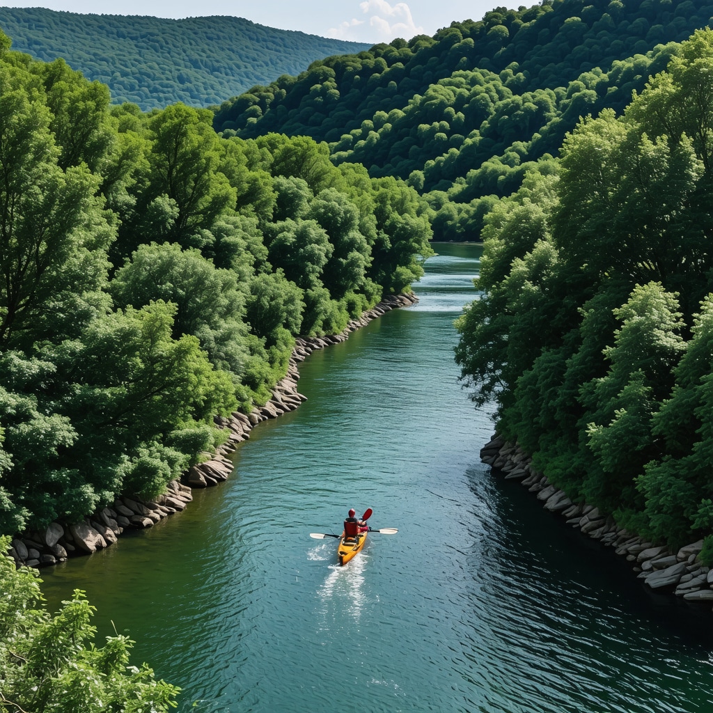 Uvac river meanders with kayaker and lush forest in the background