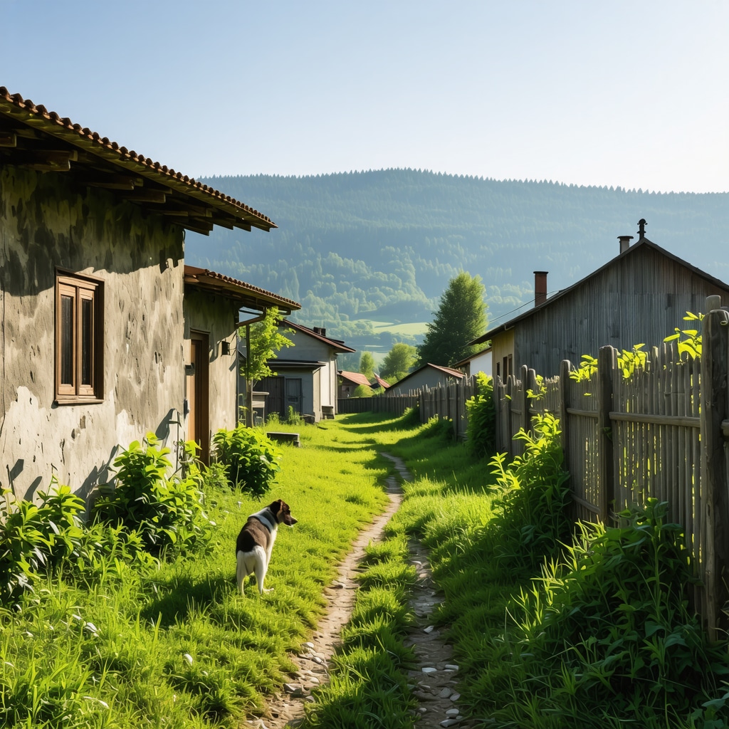 A dog playing in a fenced yard of a traditional Serbian ethno village surrounded by greenery