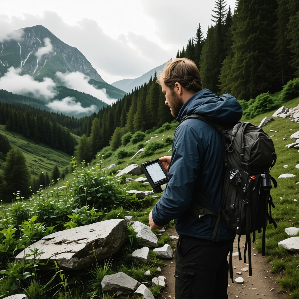 Hiker using GPS and compass on rugged mountain trail in Serbia