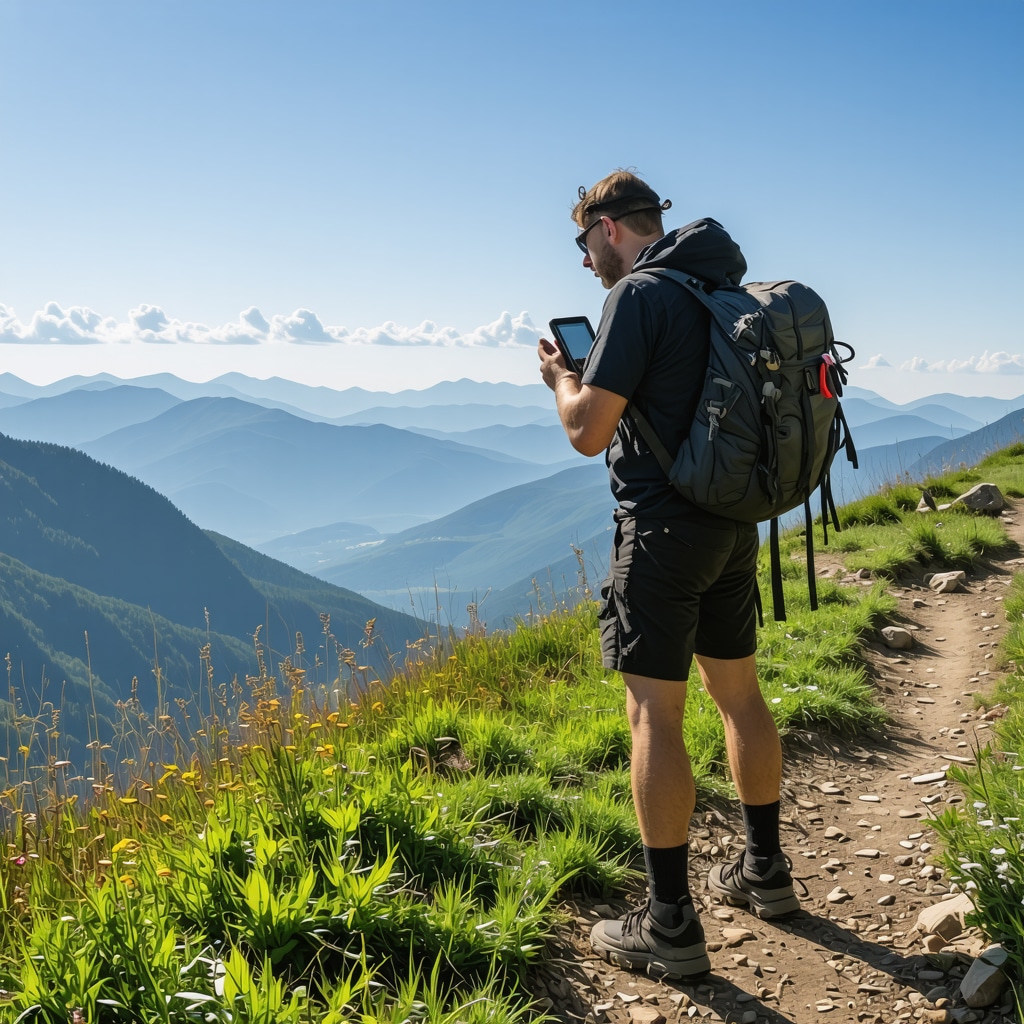 Planinar sa GPS uređajem na stazi Ovčara i Kablara Iskusni planinar koristi GPS uređaj na zahtevnoj stazi sa panoramskim pogledom na planine Ovčar i Kablar