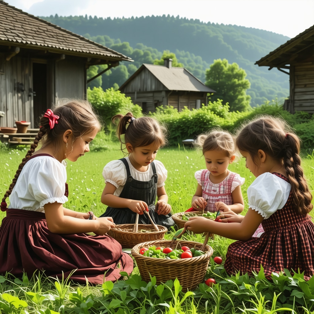 Porodica sa decom učestvuje u tradicionalnim radionicama i igri u etno selu u Srbiji