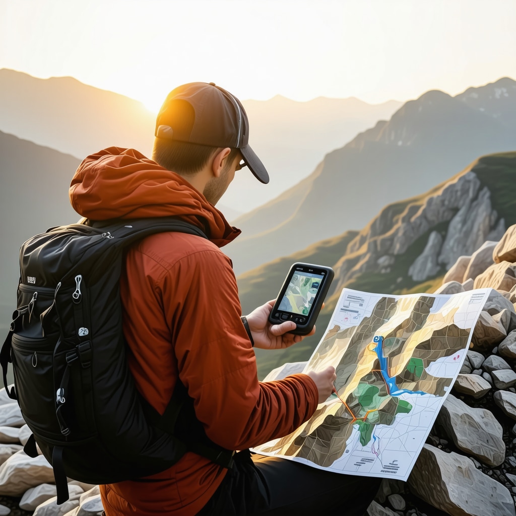 Hiker using GPS and traditional map for navigation on Serbian mountain trail