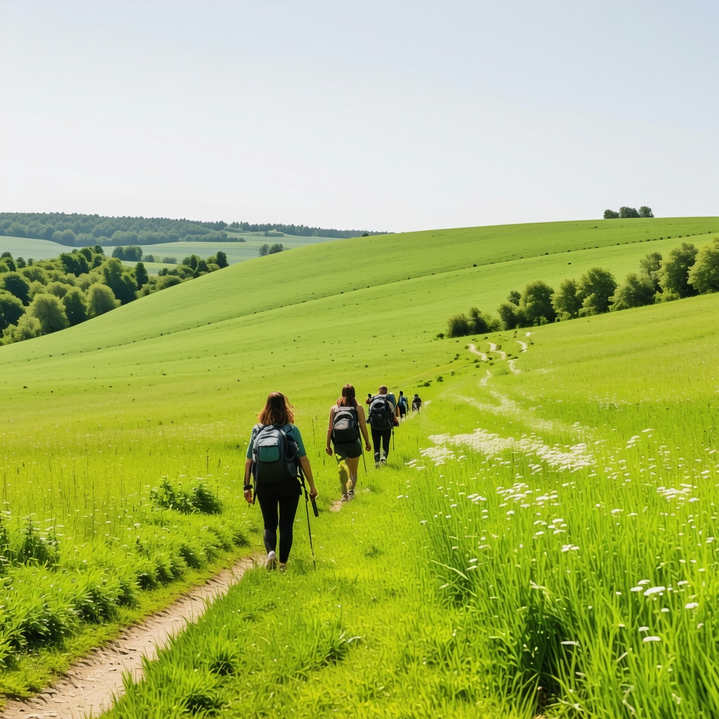 Eco-tourists hiking on a sustainable trail in the green hills of Šumadija under bright daylight