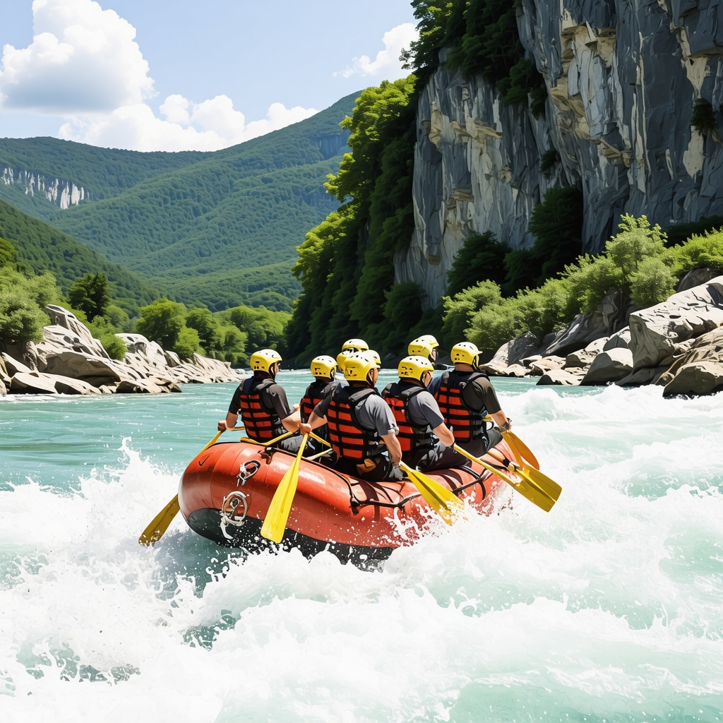 Rafting team navigating white water rapids on Tara River surrounded by lush green cliffs