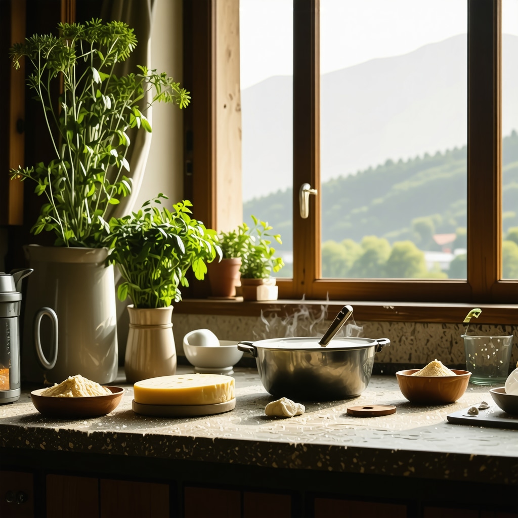 Serbian rustic kitchen combining traditional and modern tools for belmuž preparation with mountain view