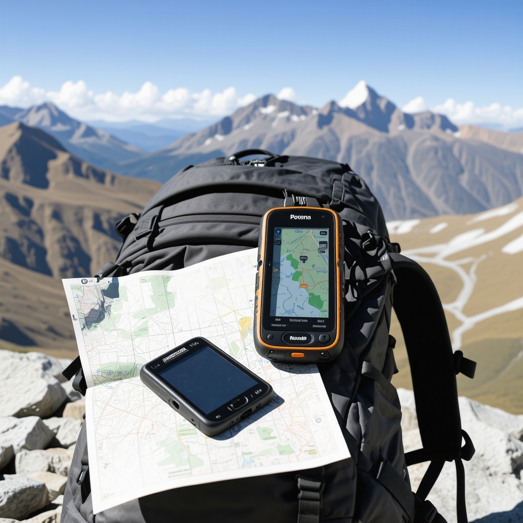 GPS device and map on hiking backpack with Povlen mountain terrain in background