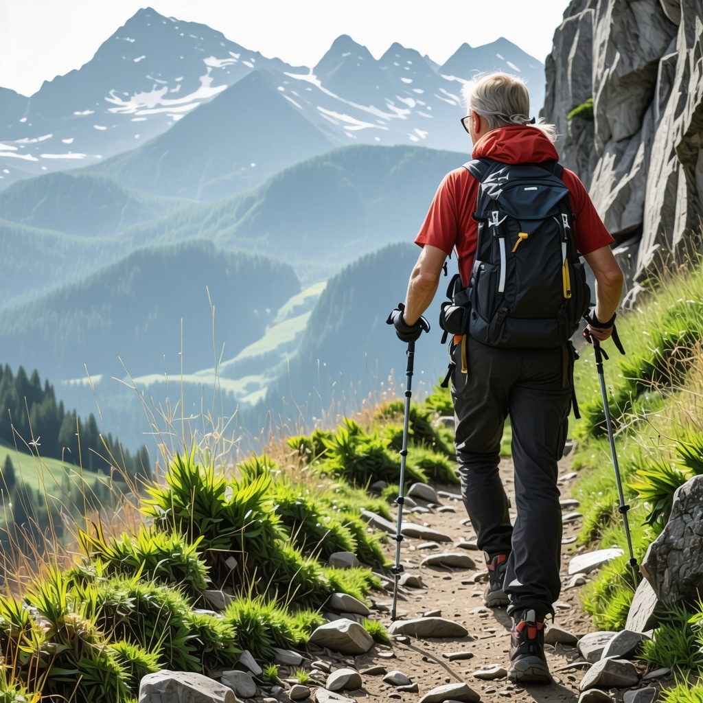 Hiker using trekking poles and layered clothing on Povlen mountain trail under dynamic weather