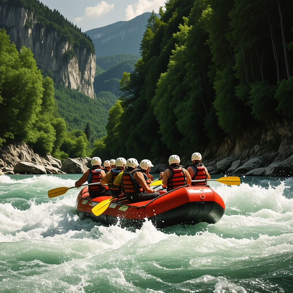 Experienced rafters navigating whitewater rapids on a Serbian river with lush greenery and cliffs