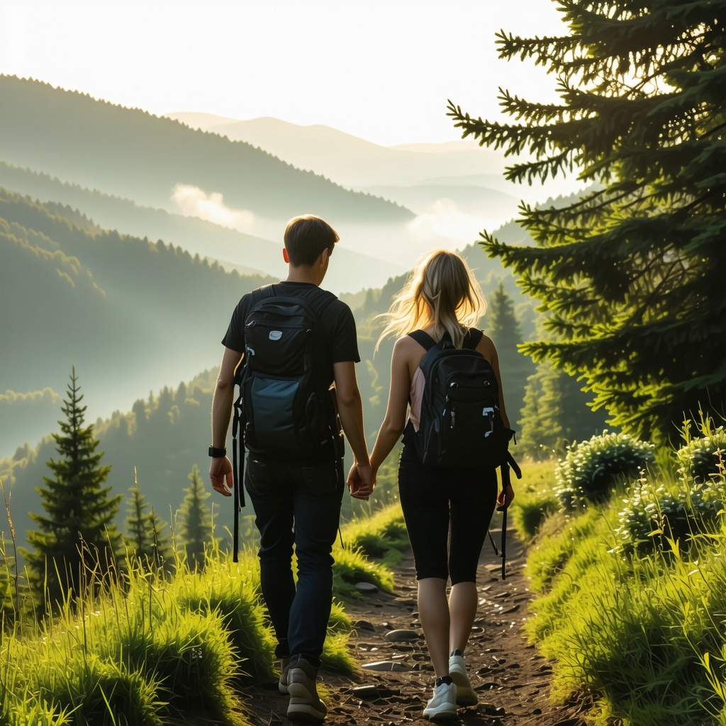 Romantic couple hiking on a mountain trail in Serbia amidst green forests and mist