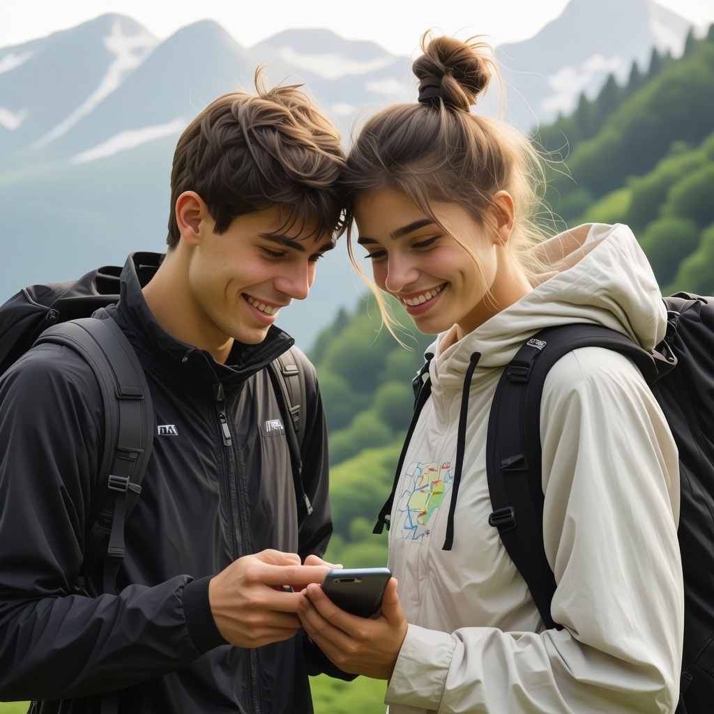 Young couple consulting smartphone with digital map app during mountain hike in Serbia