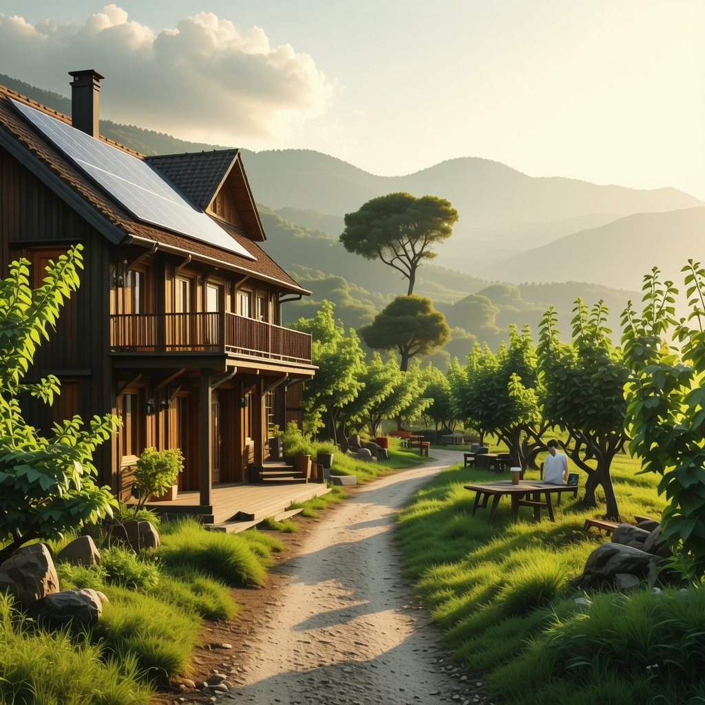 Panoramic view of Etno selo Pepe with solar panels and visitors using digital guides among traditional houses and orchards