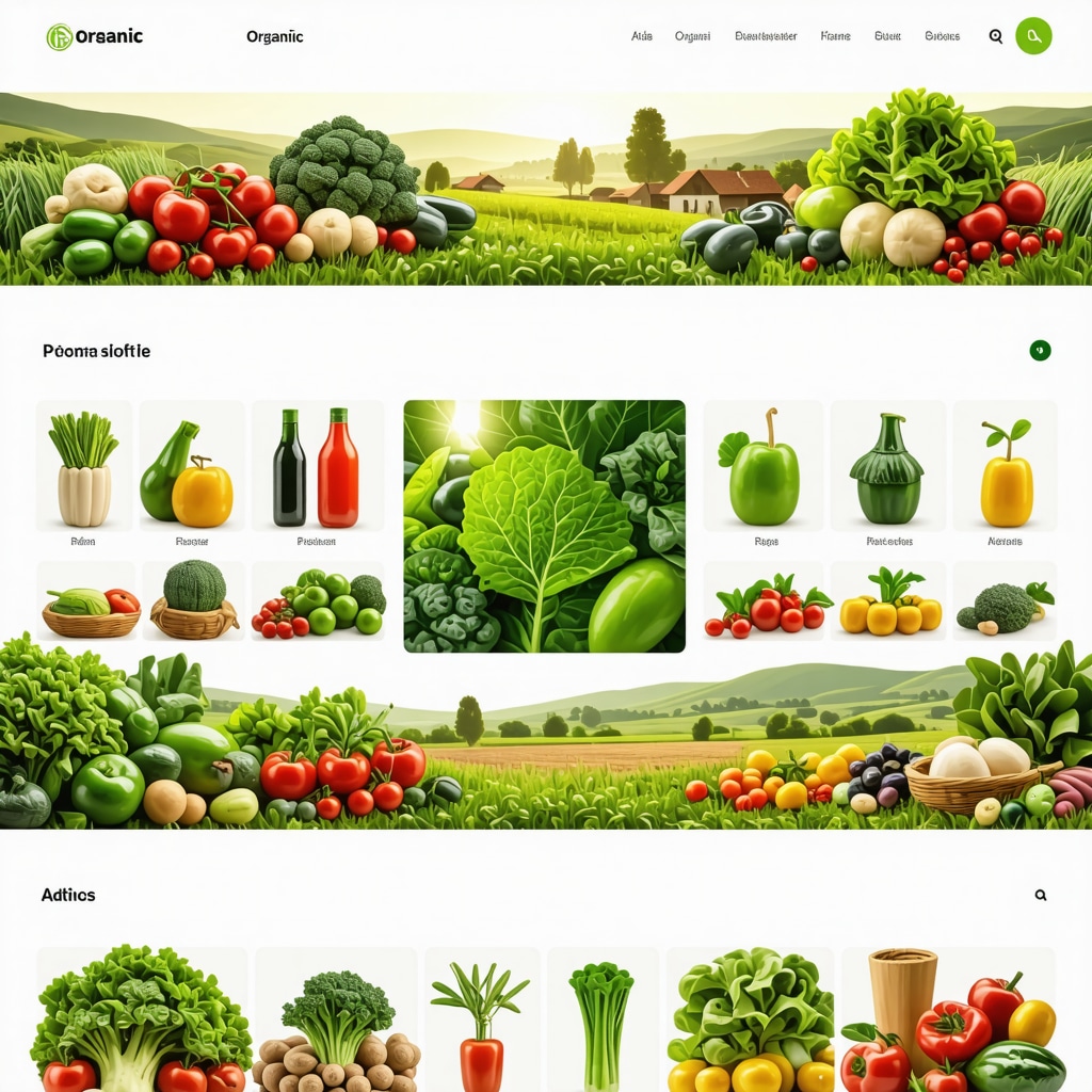 Interface of digital marketplace for Serbian organic food with rural background and tech icons