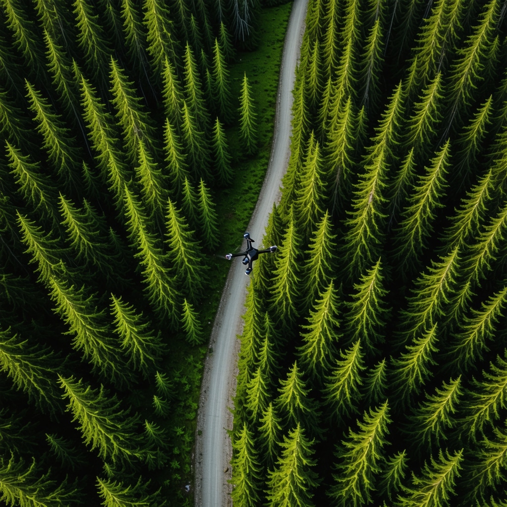 Dron leti iznad planinske šumske staze sa multispektralnim kamerama za ekološki monitoring