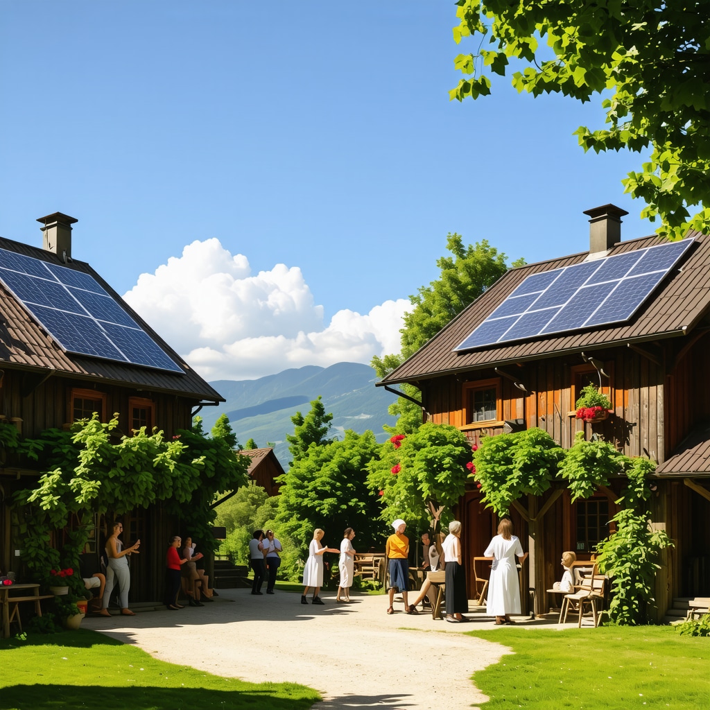 Panoramic view of Etno selo Stanišići with traditional wooden houses and solar panels surrounded by greenery