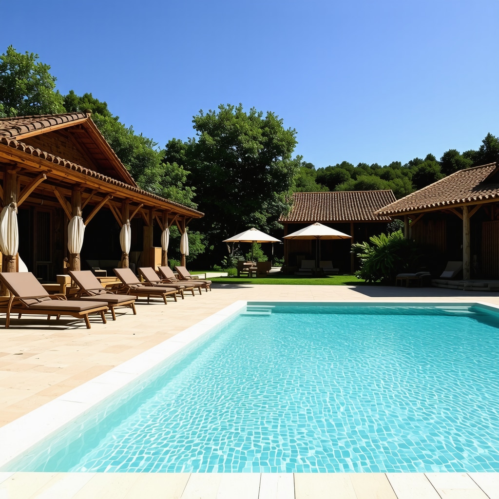 Etno selo with traditional houses and a clear swimming pool Traditional etno selo with wooden houses and outdoor swimming pool surrounded by greenery