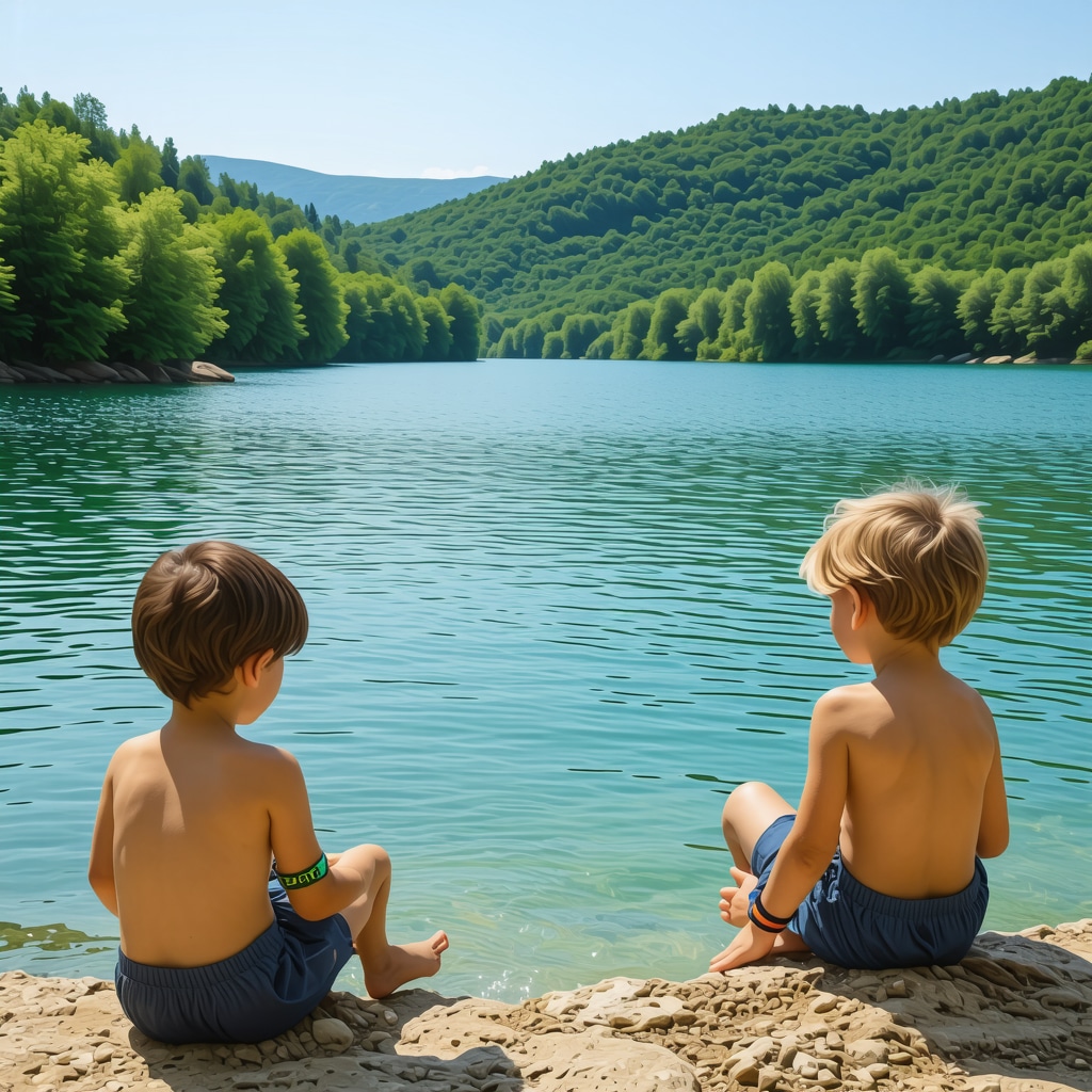 Children playing safely at a shallow lake shore in Serbia with GPS tracking devices