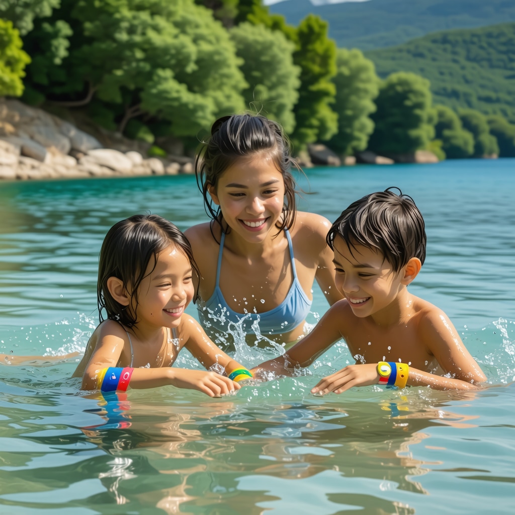 Family with children wearing GPS safety wristbands swimming at a clean Serbian lake surrounded by nature