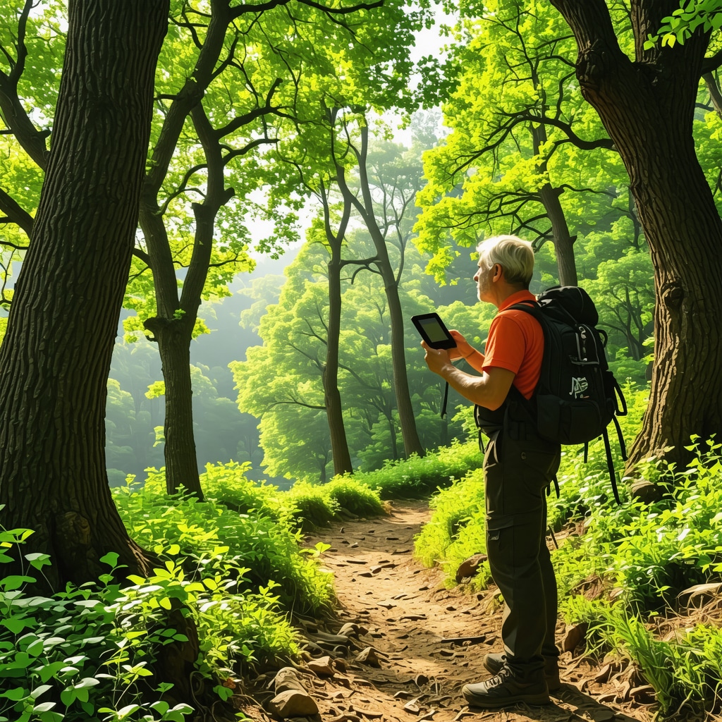 Serbian hidden forest trail with local guide using GPS device surrounded by lush greenery