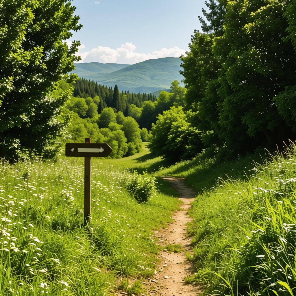 Serene hiking trail in Serbia with wooden signpost and distant mountains under blue sky