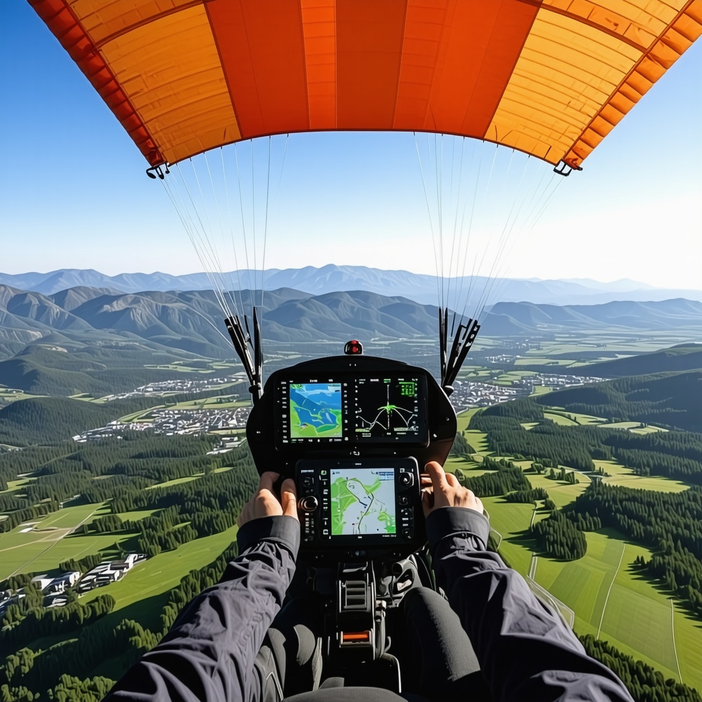Paraglider cockpit with advanced digital instruments and AI analytics over Serbian mountains