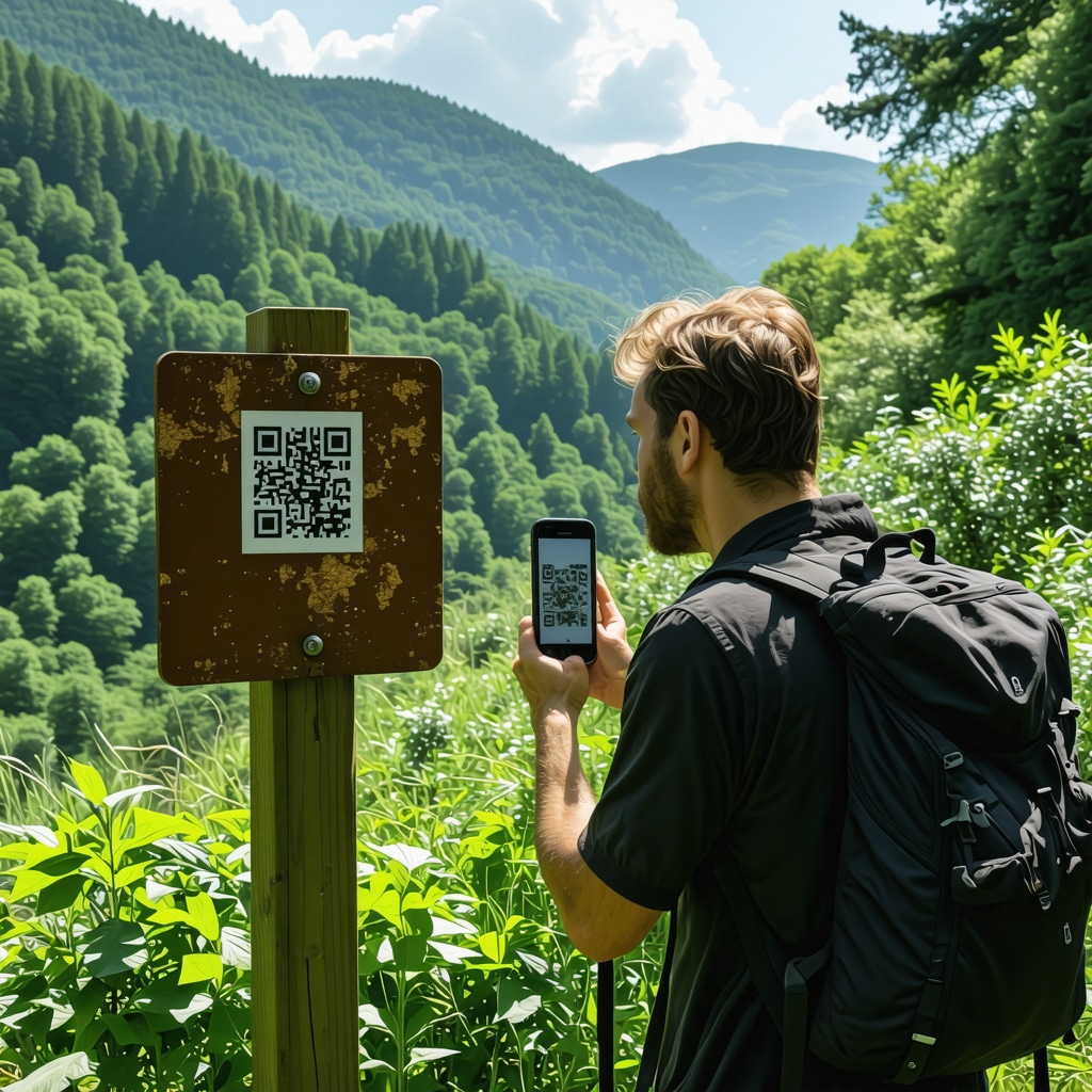 Hiker scanning QR code on trail signpost in Tara National Park surrounded by lush forests and mountains