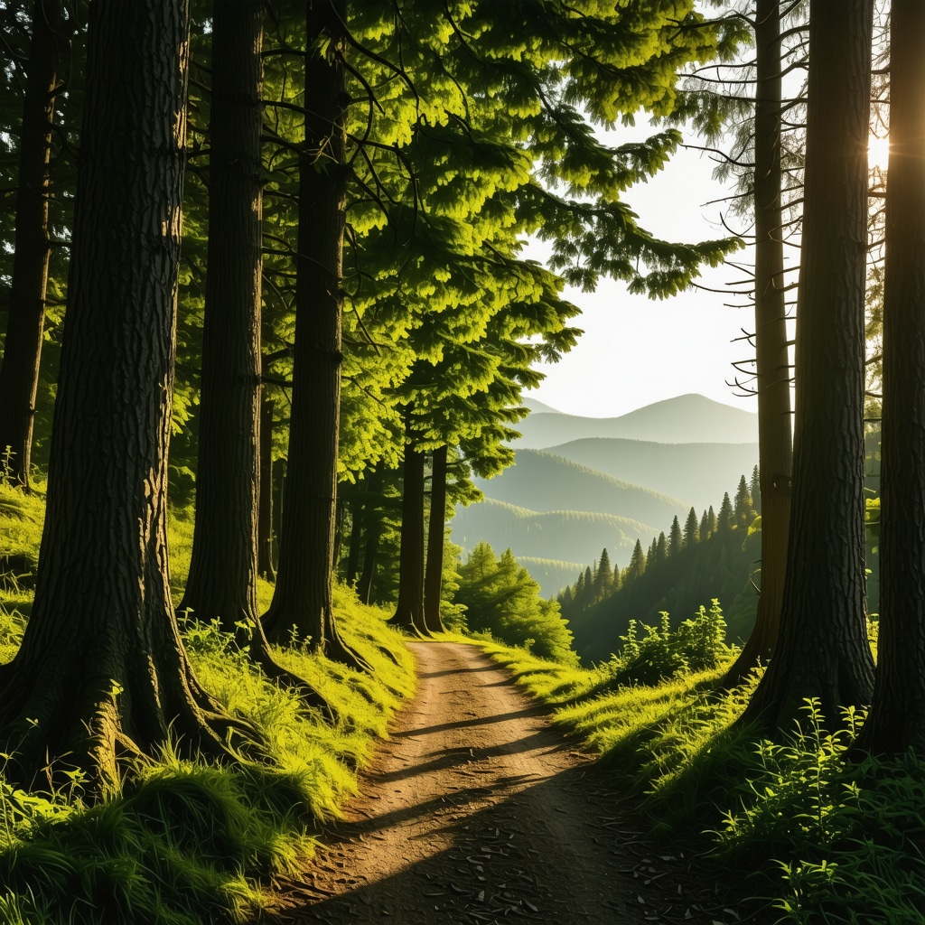 A peaceful forest trail in Fruška Gora with sun rays shining through the trees and mountains in the background