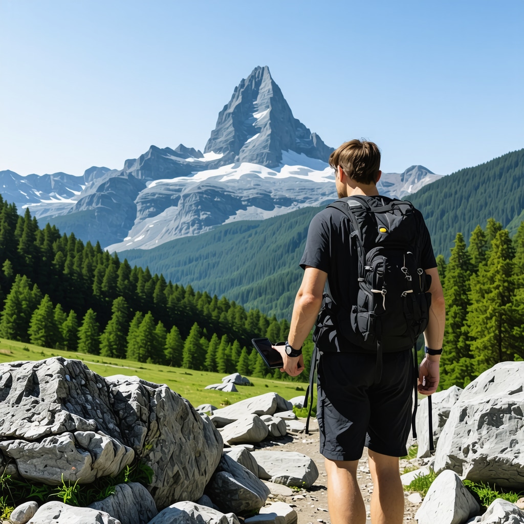 Planinar sa GPS uređajem na planinskoj stazi Rtanj sa vrhom u pozadini
