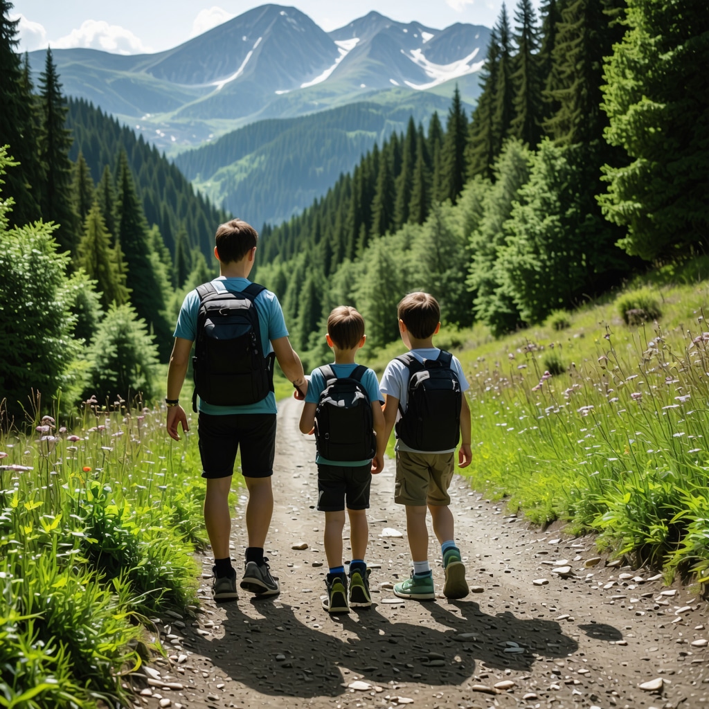 Porodična planinarska grupa sa decom koristi pametne uređaje na pešačkoj stazi u Nacionalnom parku Tara