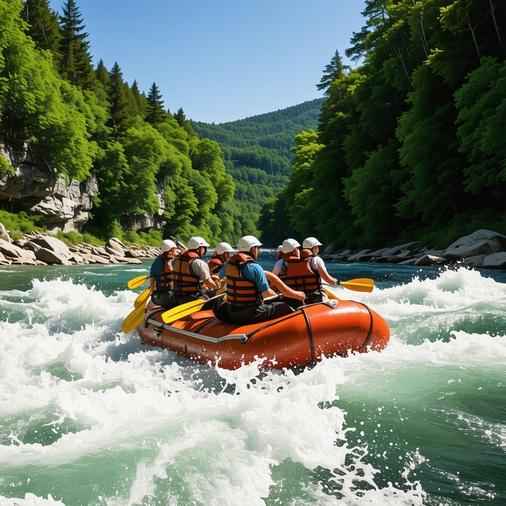 Friends rafting on a scenic river in Serbia with green forests and cliffs