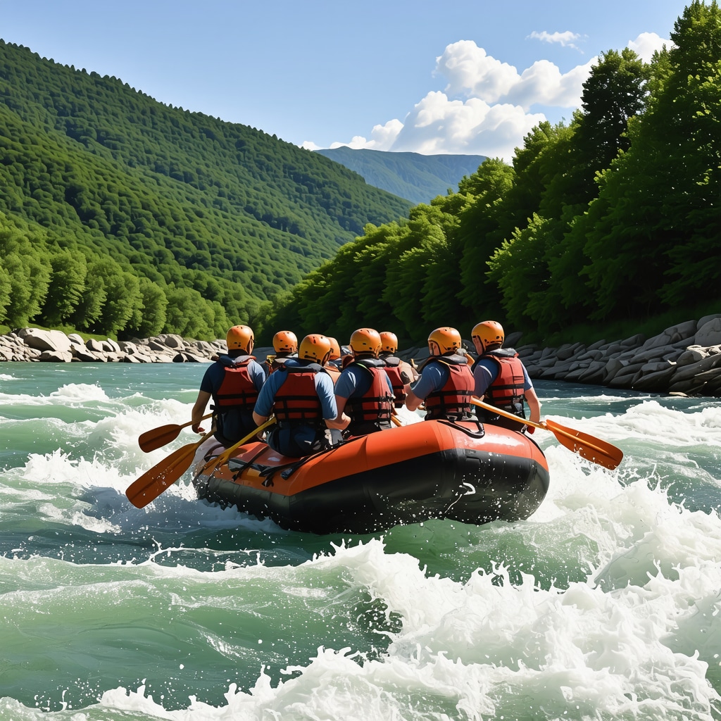 Group rafting on Drina river rapids surrounded by green forest in Serbia