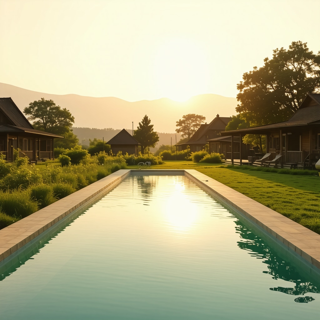 Swimming pool with traditional Serbian cottages and green nature at sunset