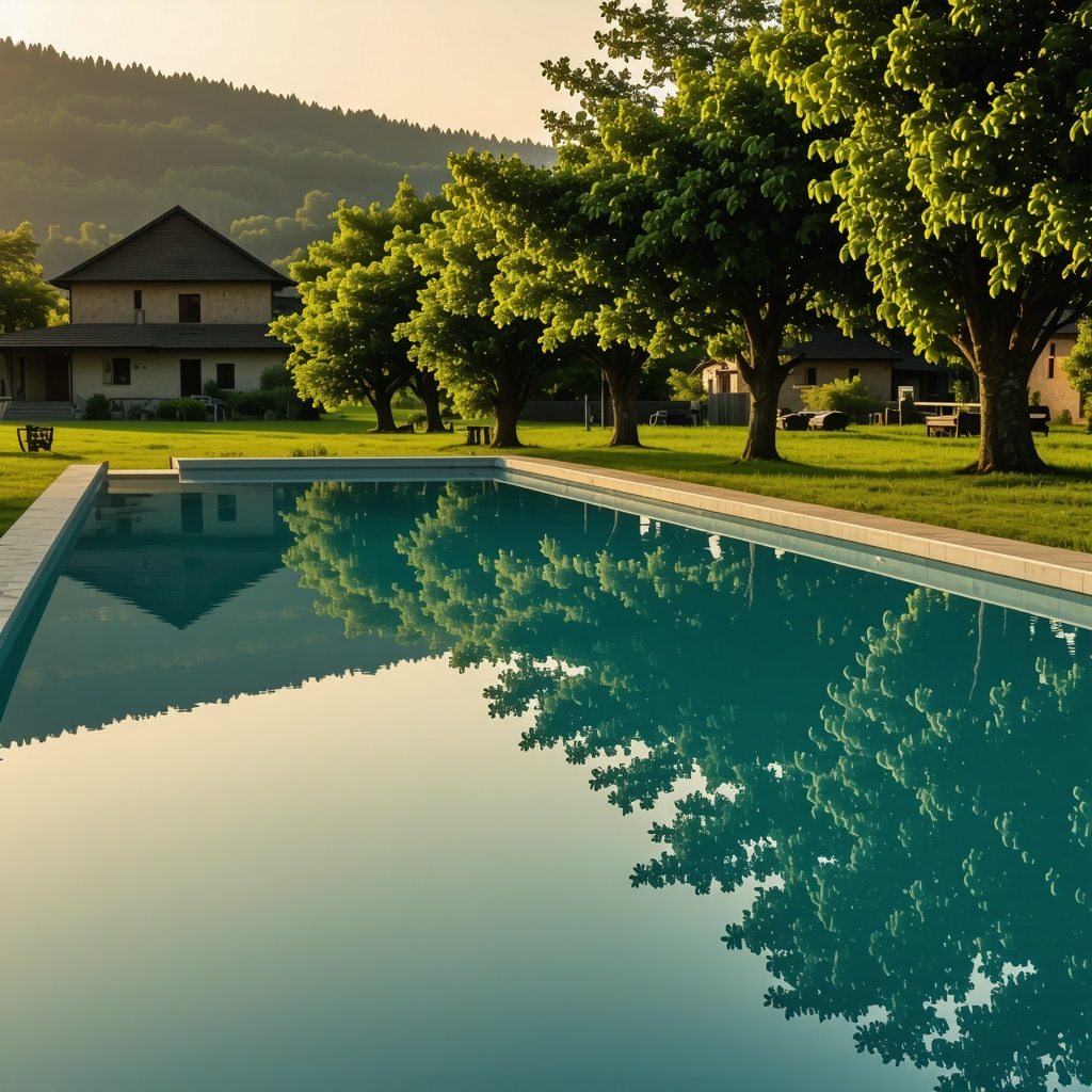 Swimming pool in a serene Serbian village surrounded by nature at sunset