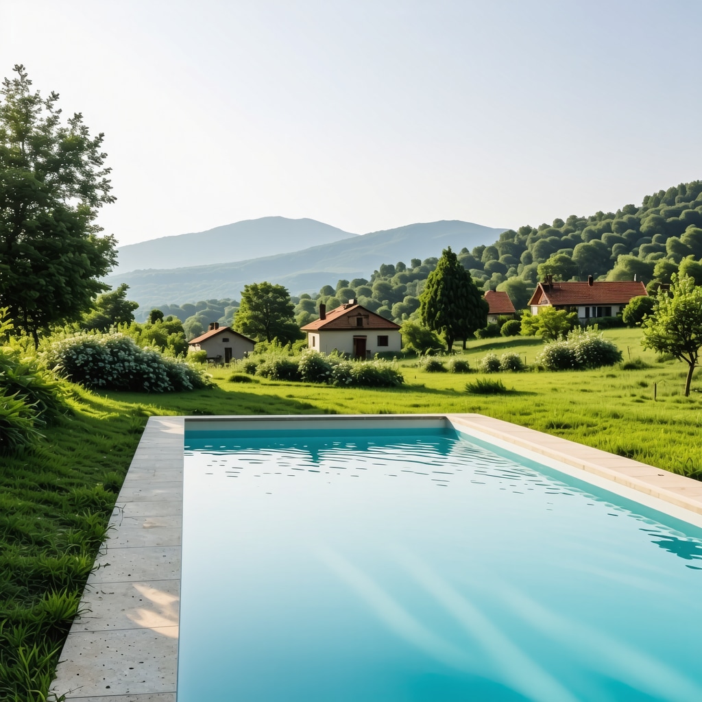 Bazen u seoskom domaćinstvu Srbije sa tradicionalnim kućama i prirodom u pozadini