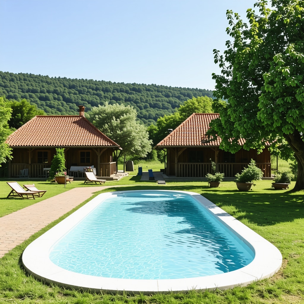 Rural accommodation with swimming pool and traditional Serbian cottages surrounded by greenery
